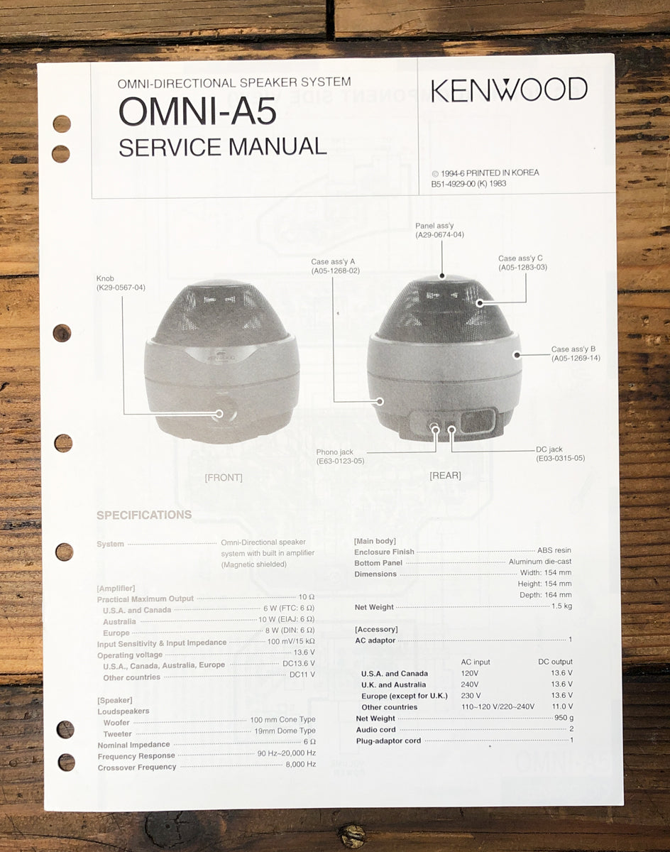 Kenwood Omni-A5 Speaker Service Manual *Original*