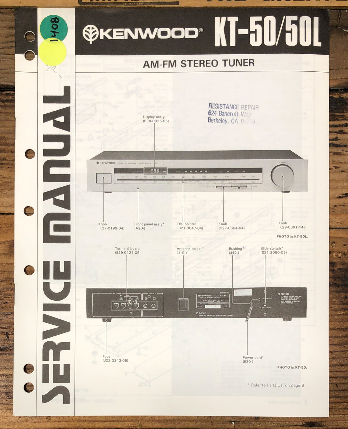 Kenwood KT-50 KT-50L Tuner Service Manual *Original*