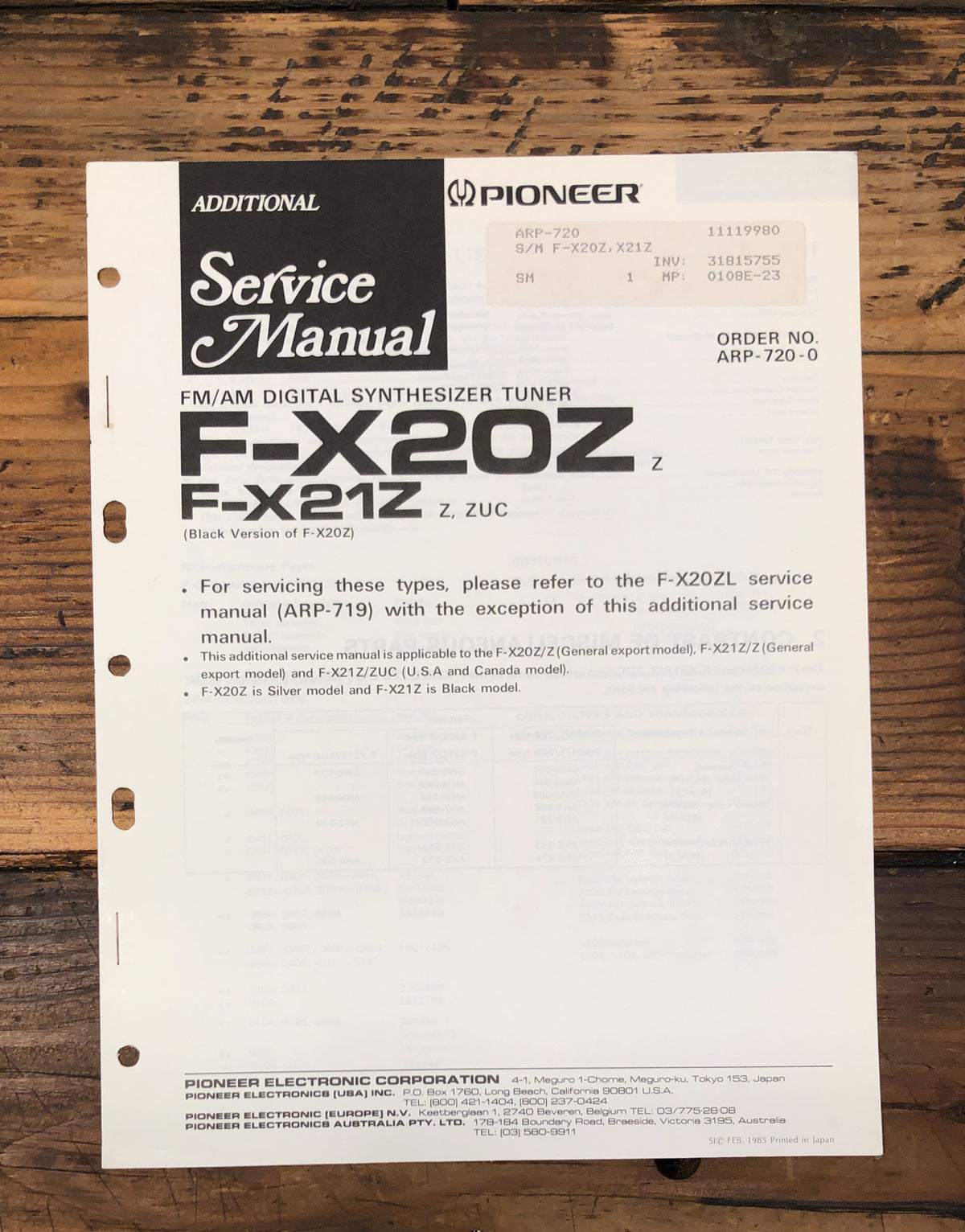 Pioneer F-X20Z F-X21Z Tuner Additional Service Manual *Original*