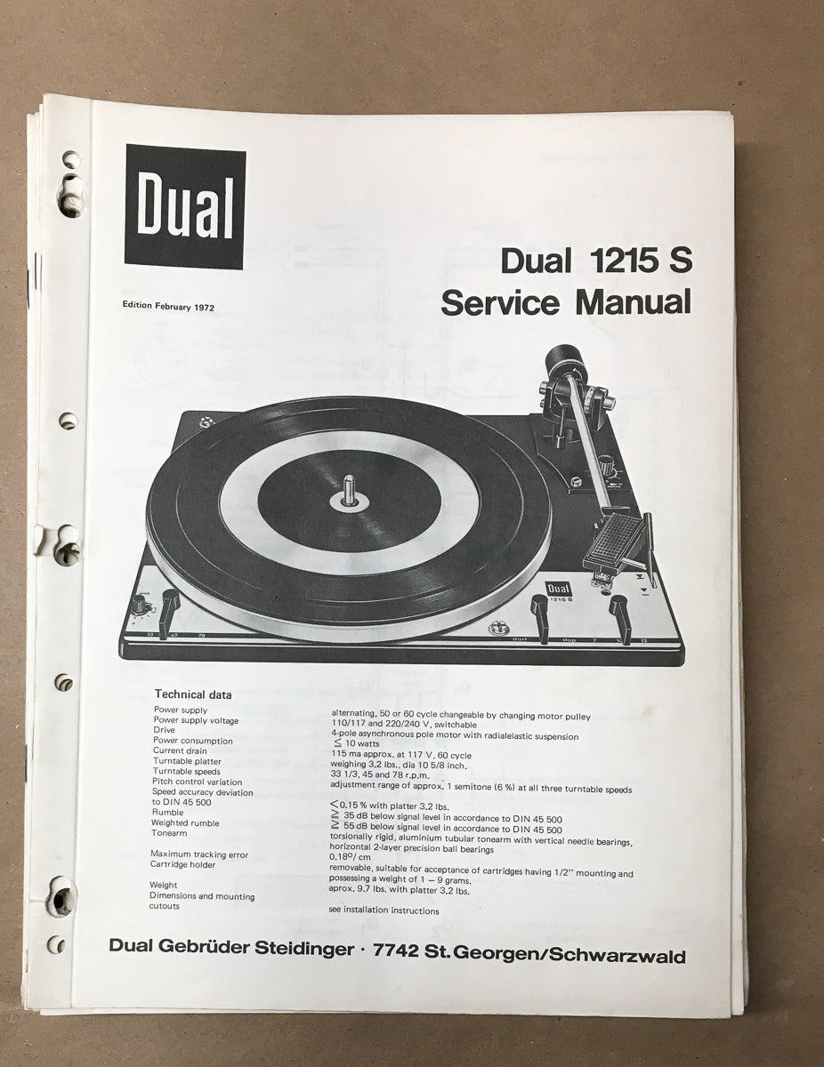 Dual Model 1215S Record Player / Turntable Service Manual *Original*