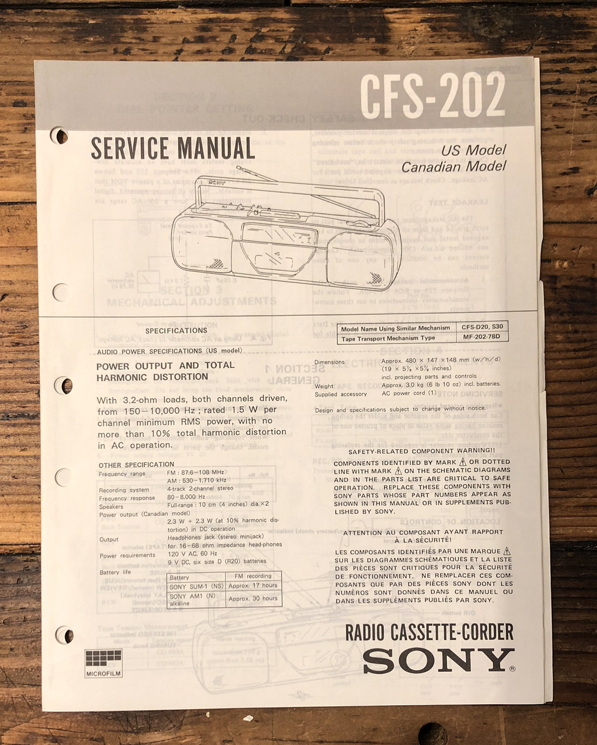 Sony CFS-202 Stereo Service Manual *Original*