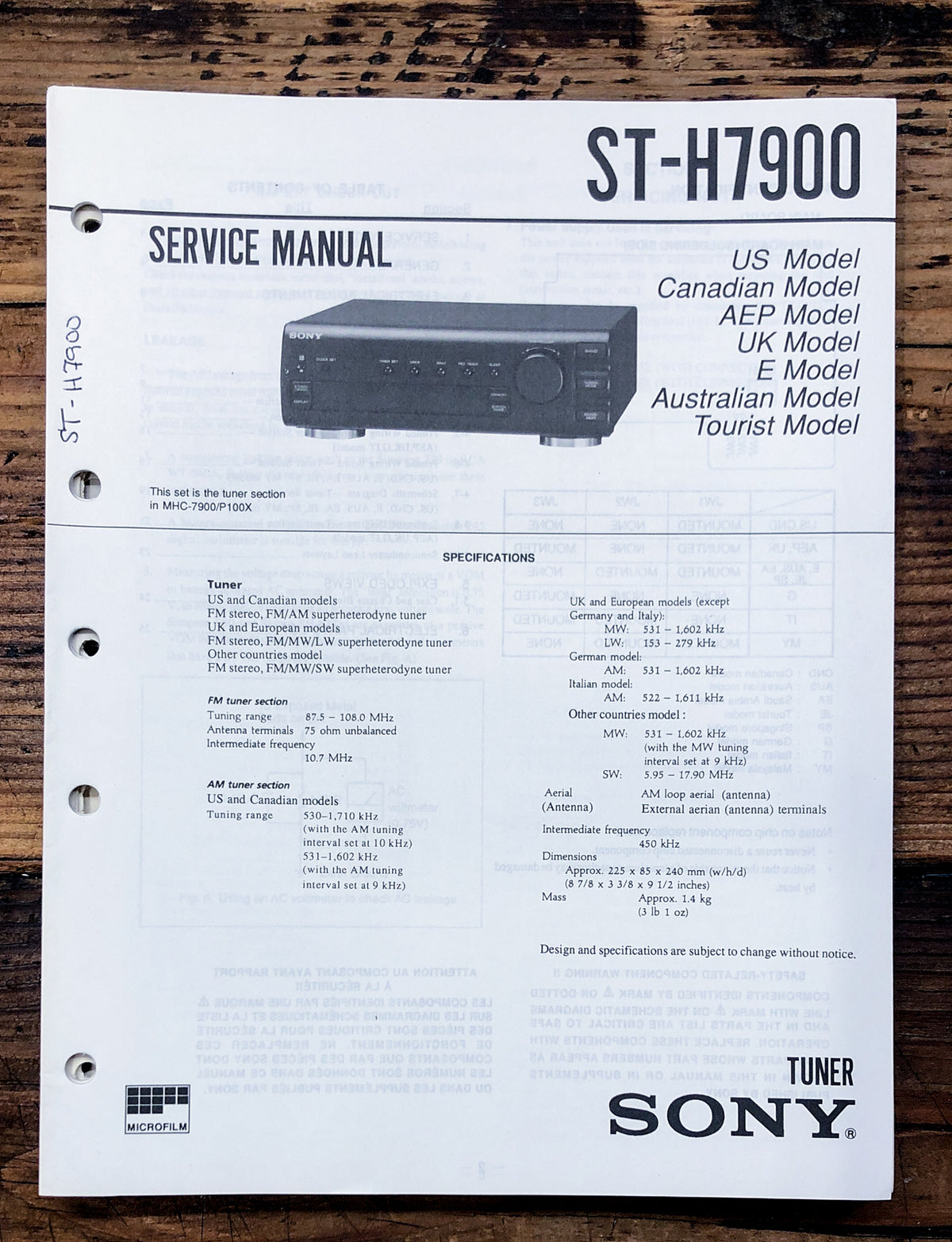 Sony ST-H7900 Tuner Service Manual *Original*