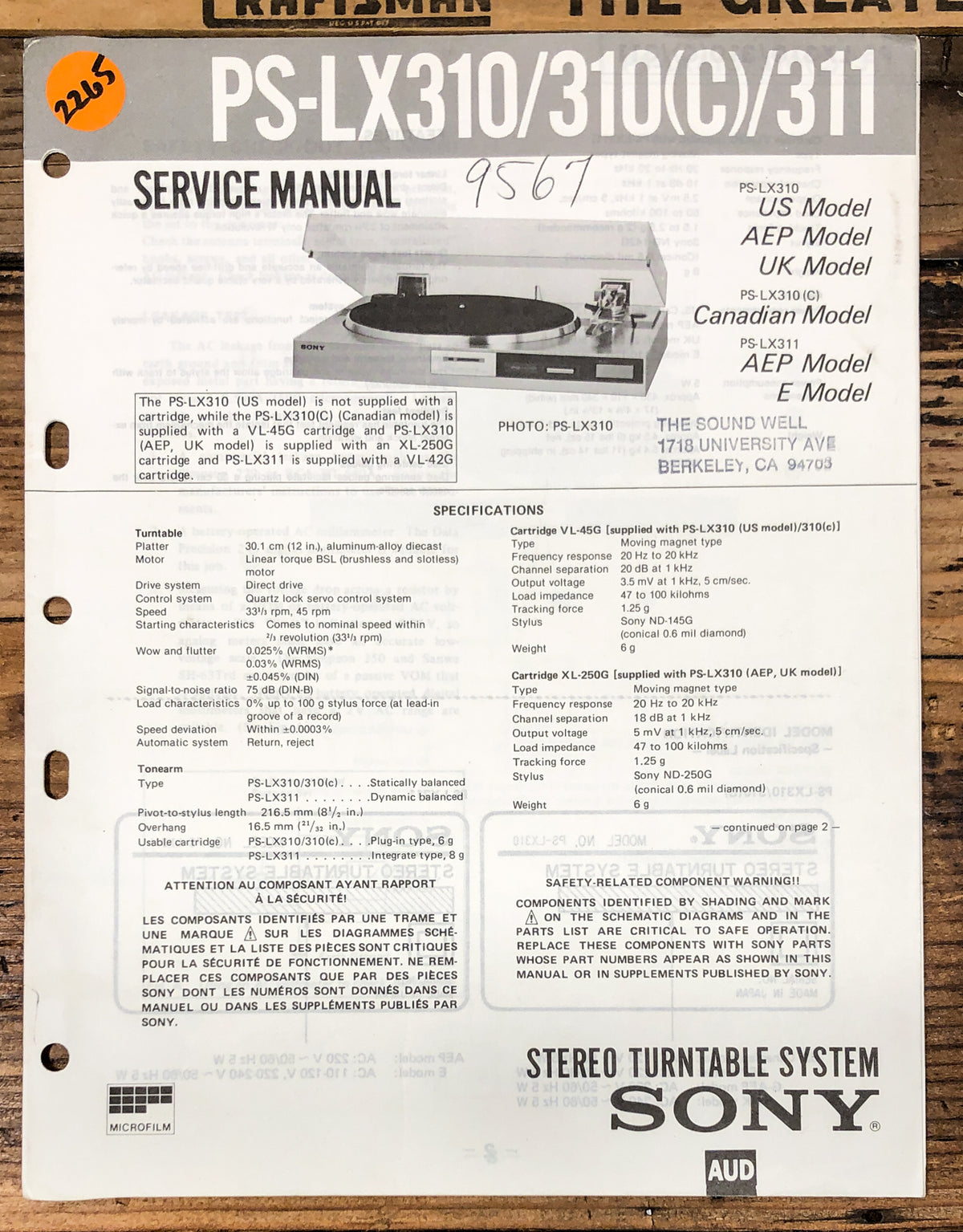 Sony PS-LX310 -LX310C -LX311 Turntable Service Manual *Original*