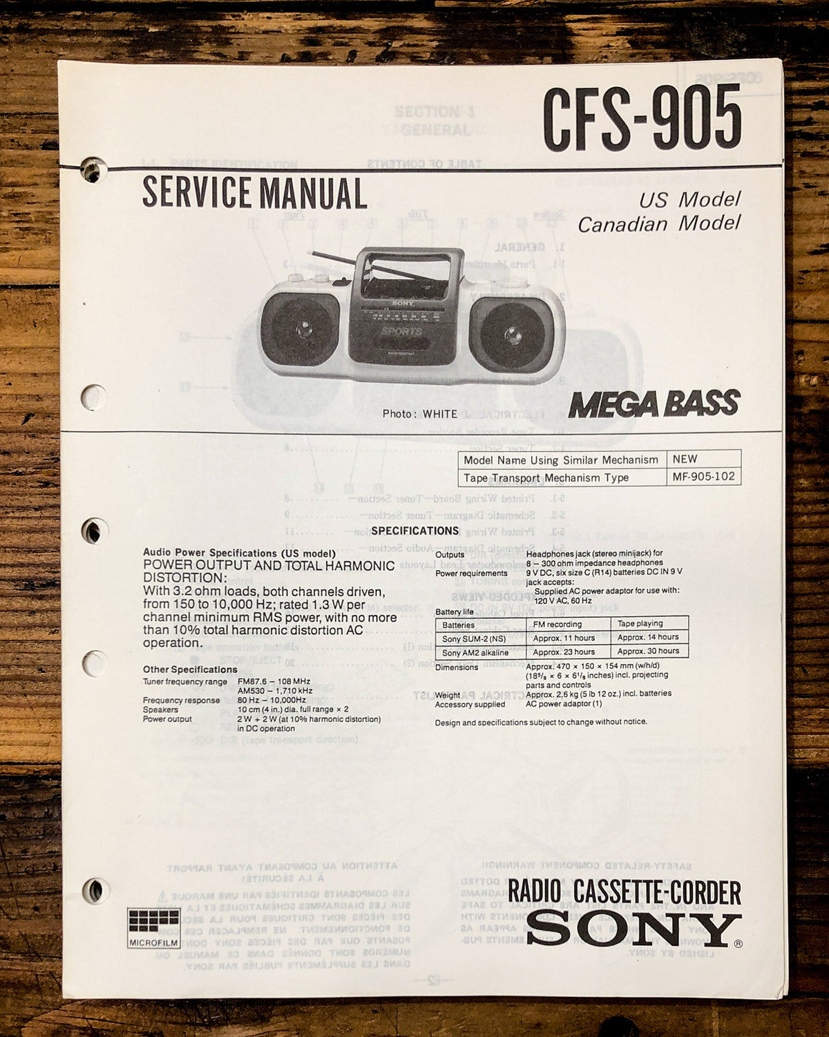 Sony CFS-905 Radio / Stereo Service Manual *Original*