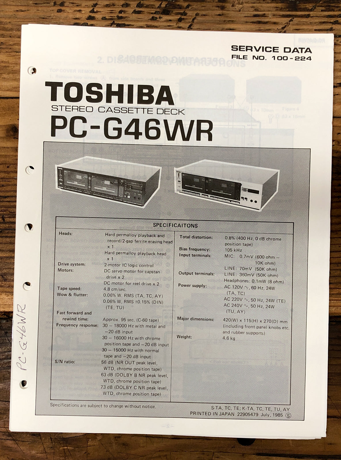 Toshiba PC-G46WR Cassette Deck Service Manual *Original*