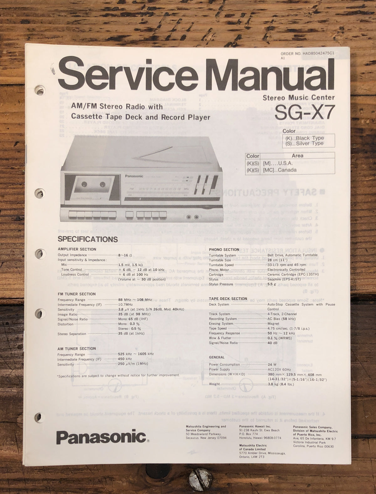 Panasonic SG-X7 Stereo Service Manual *Original*
