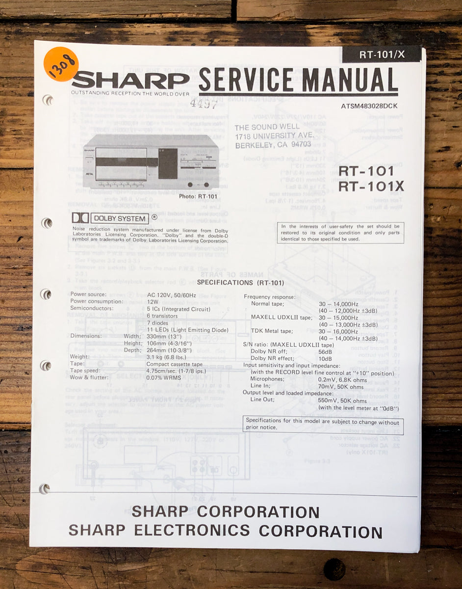 Sharp RT-101 RT-101X Cassette Service Manual *Original*