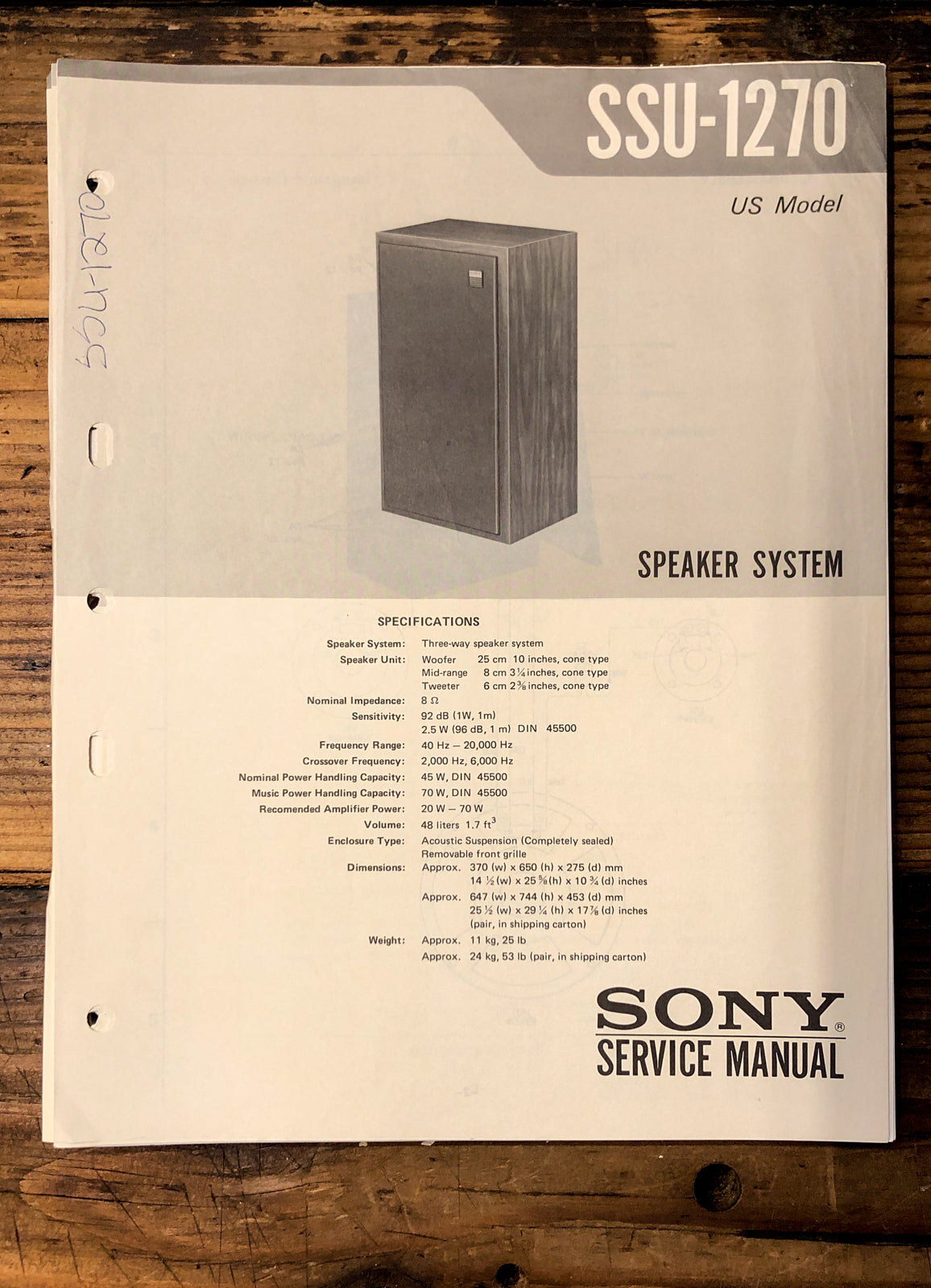 Sony SSU-1270 Speaker Service Manual *Original*