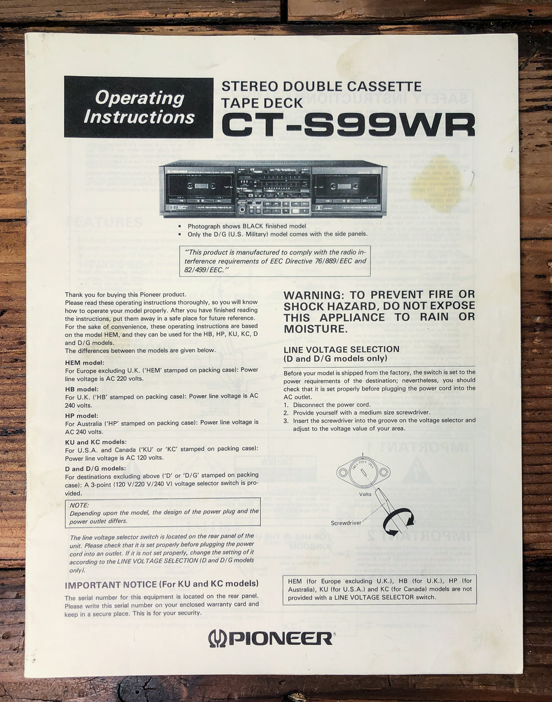 Pioneer CT-S99WR Double Cassette Deck Owners / User Manual *Original*