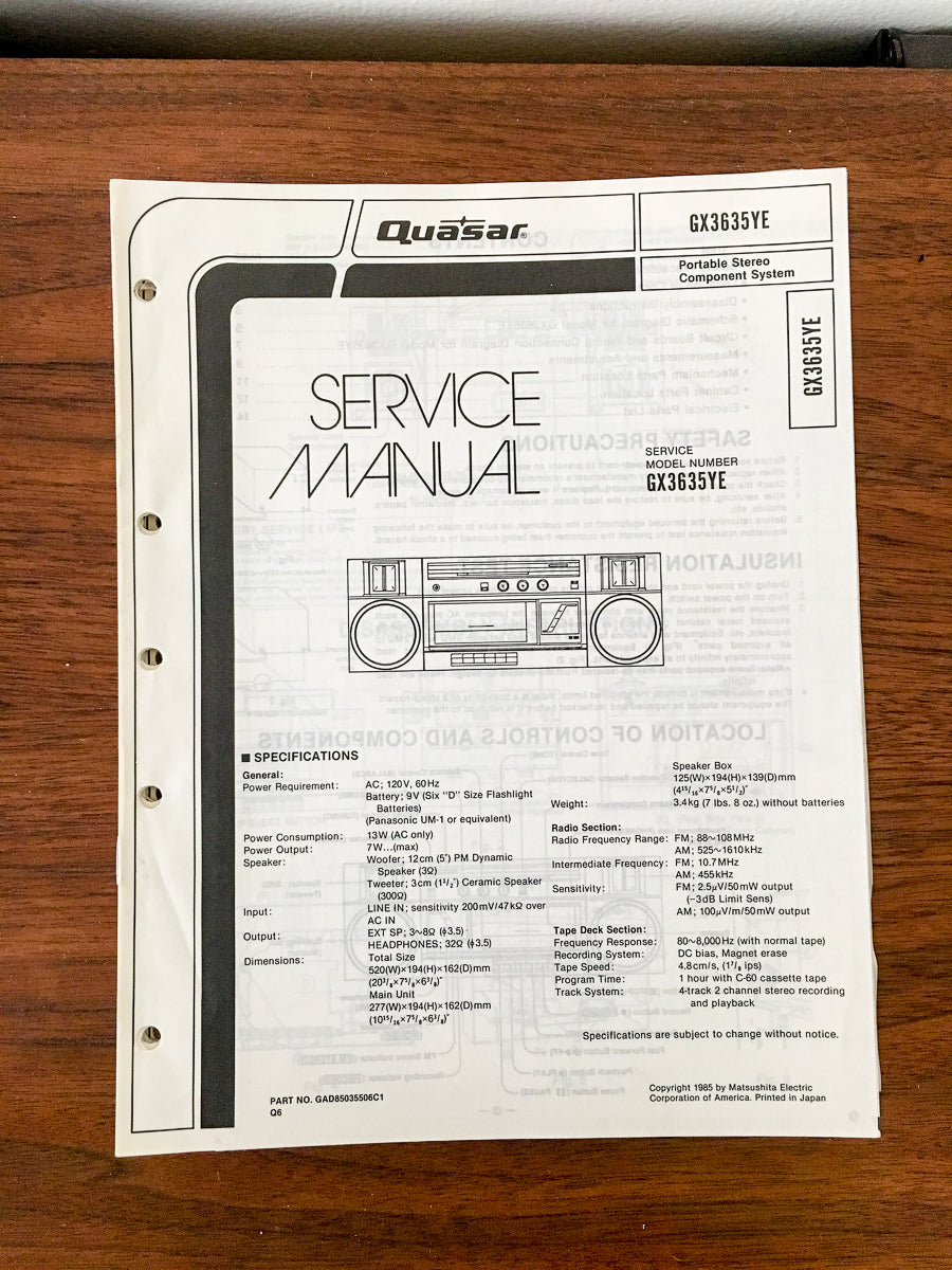 Quasar GX3635YE Portable Stereo / Radio Service Manual *Original*