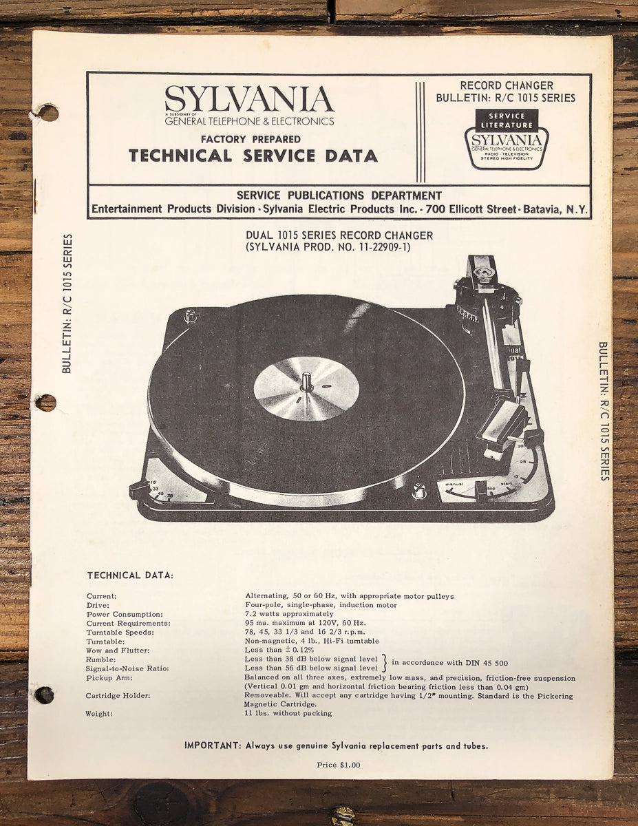 Sylvania / Dual Model 1015 Series Record Changer Service Manual *Original*