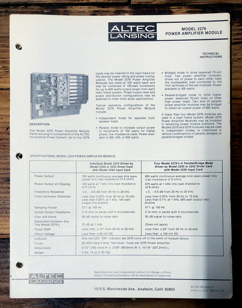 Altec Model 2276 Amplifier  Owners Manual & Schematic *Orig*