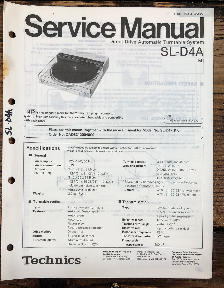 Technics SL-D4A Record Player / Turntable Service Manual *Original*