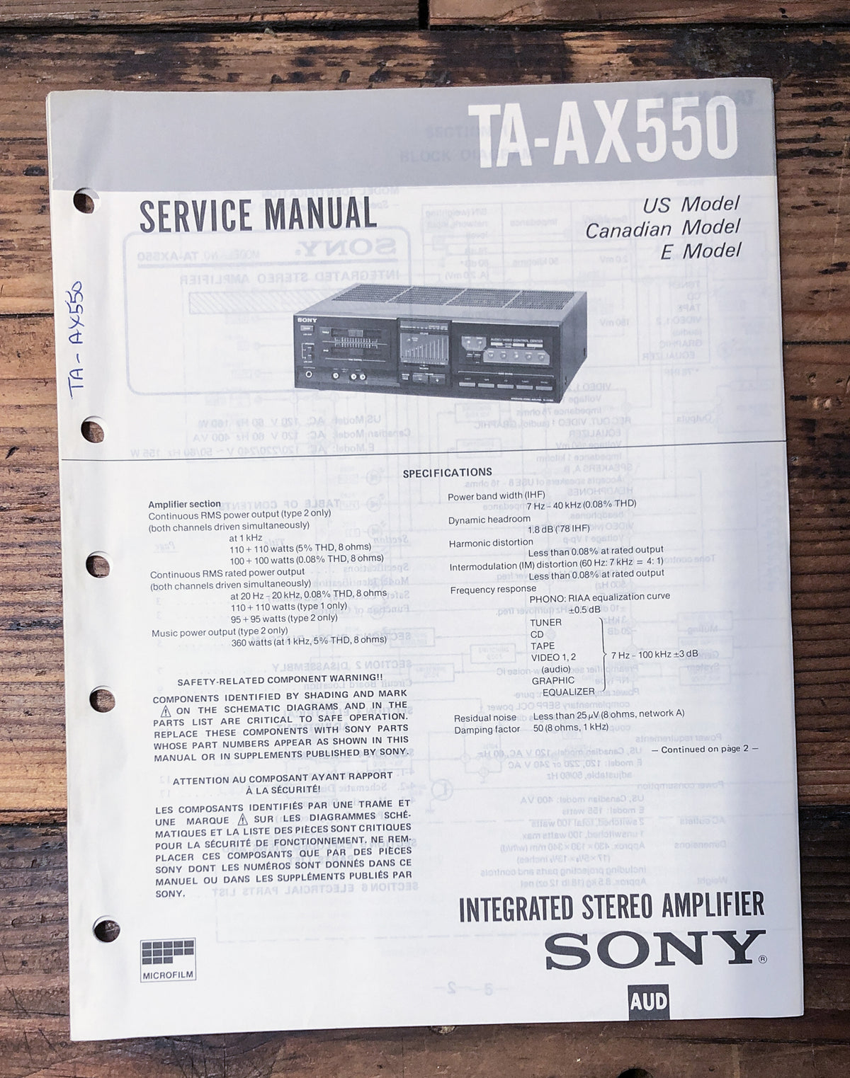 Sony TA-AX550 Amplifier Service Manual *Original*