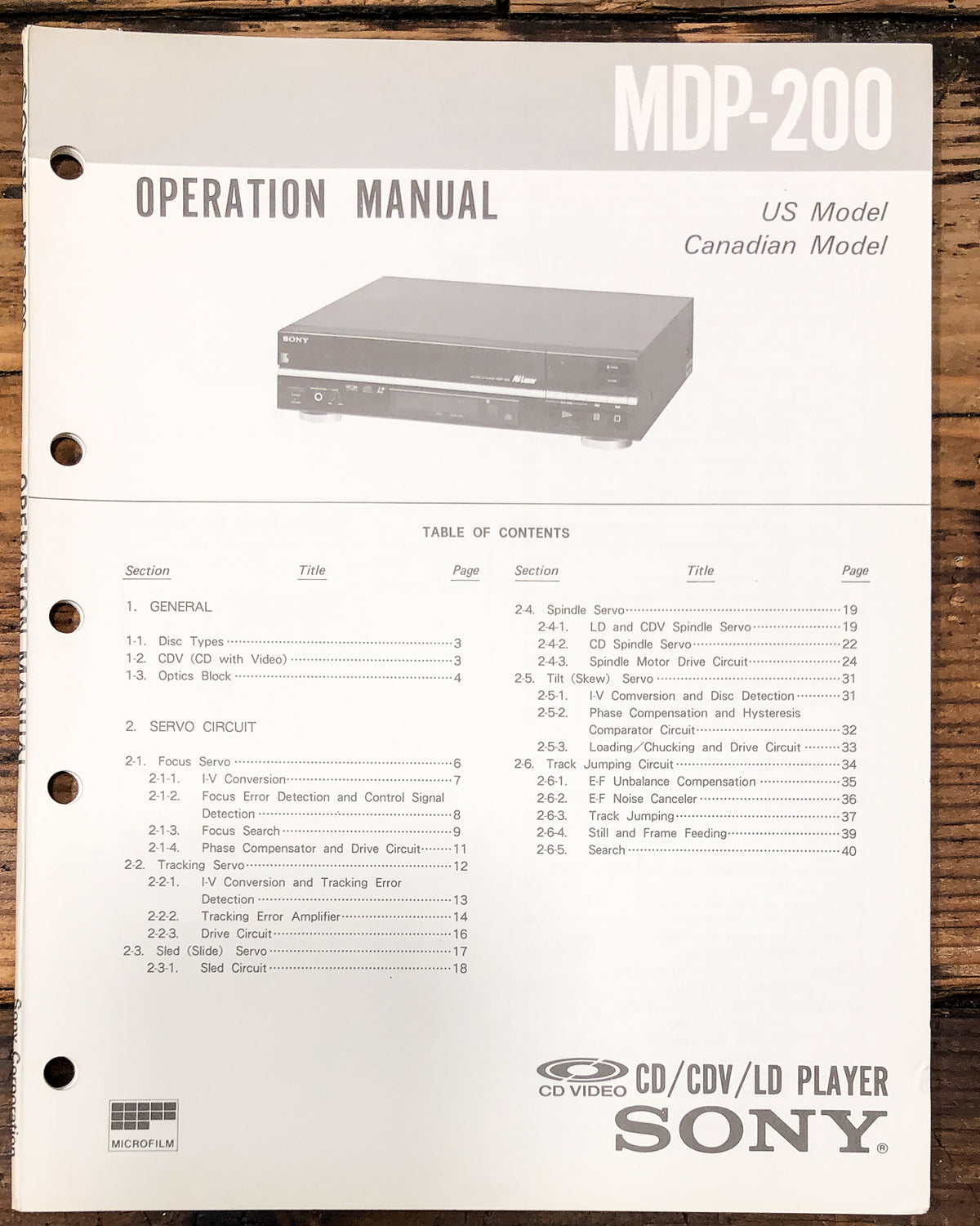 Sony MDP-200 CD CDV LD Player Service Manual *Original*