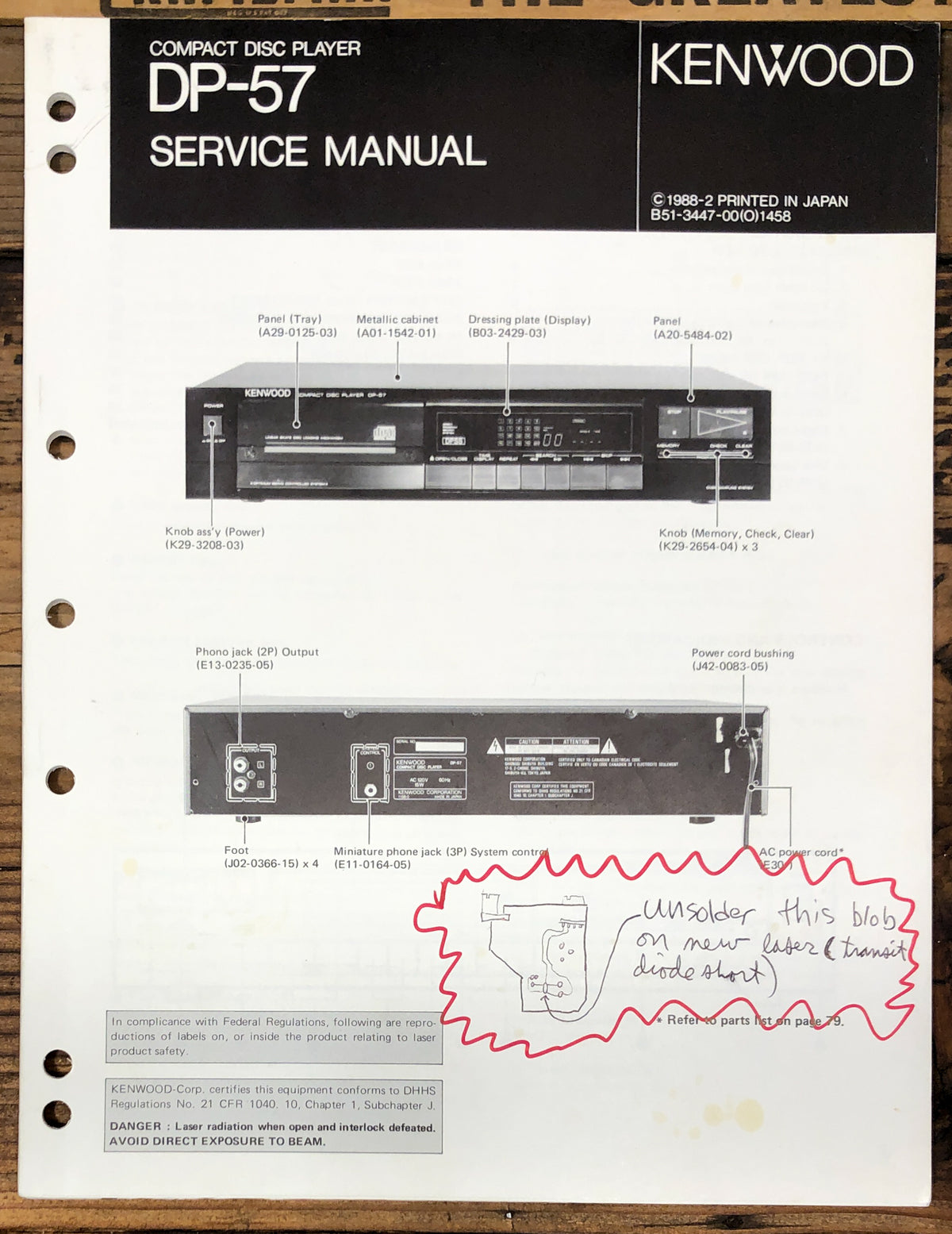 Kenwood DP-57 CD Player Service Manual *Original*