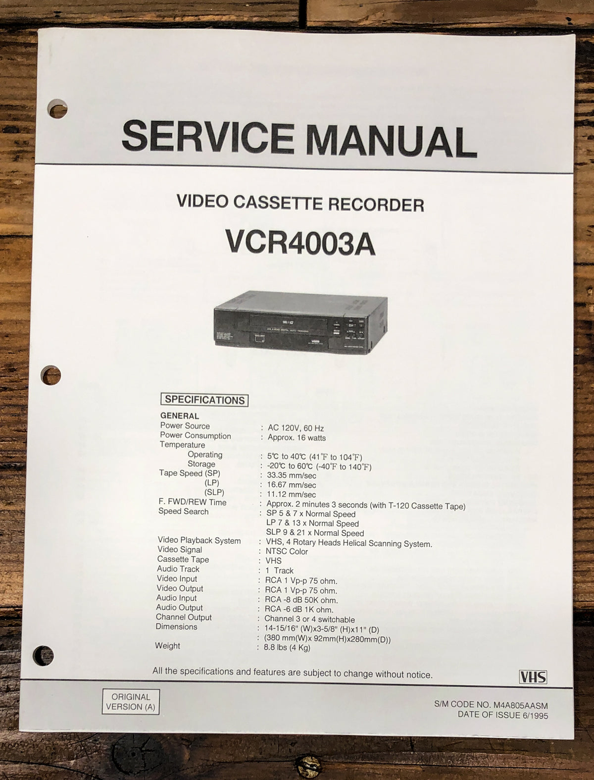 Orion VCR4003A VCR Service Manual *Original*