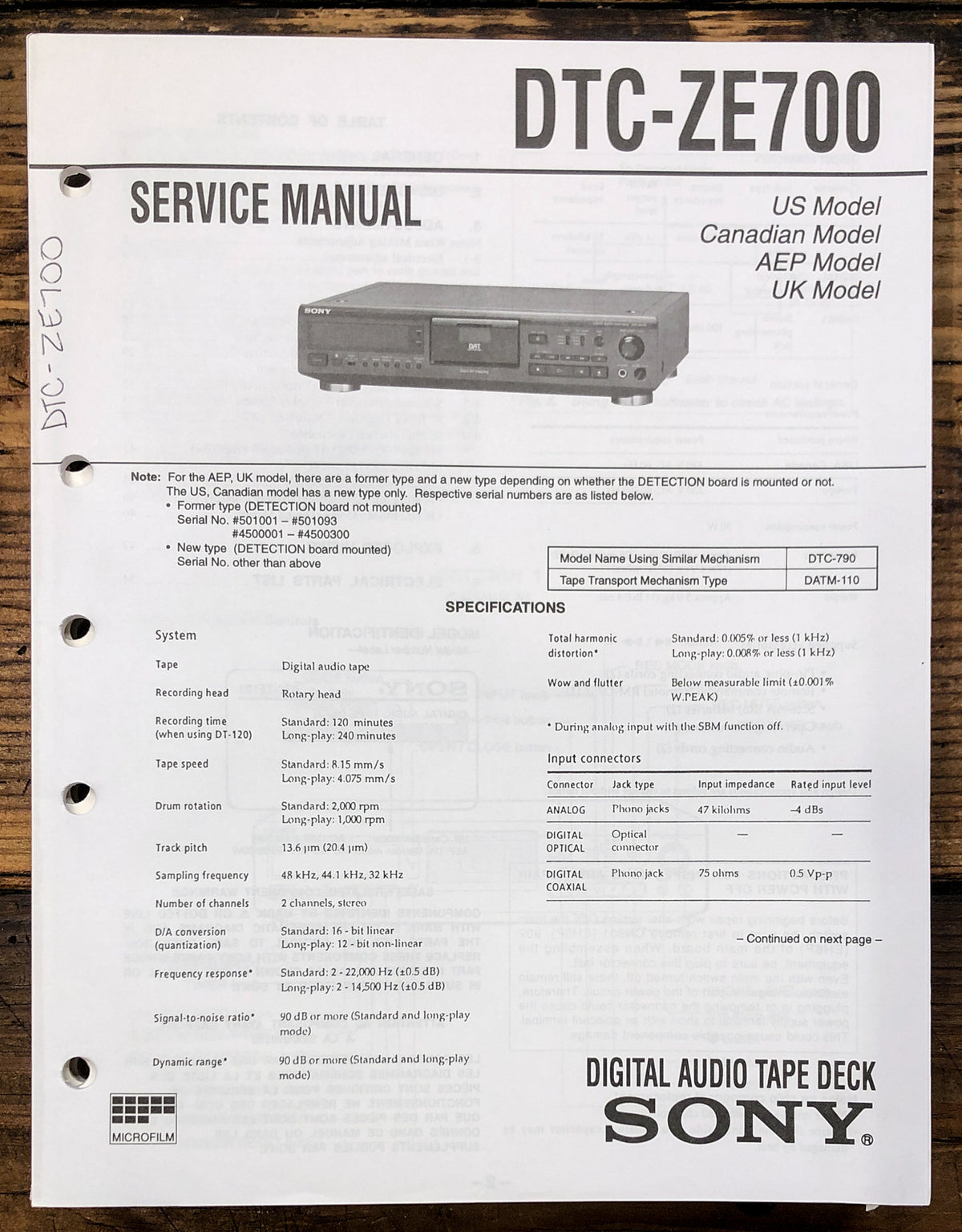 Sony DTC-ZE700 DAT Tape Deck Service Manual *Original*