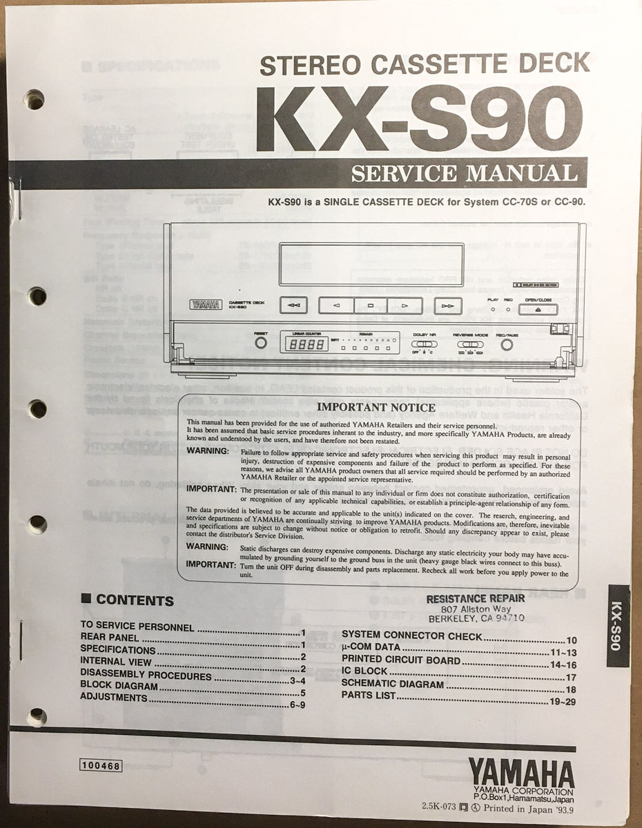 Yamaha KX-S90 Cassette Service Manual *Original*