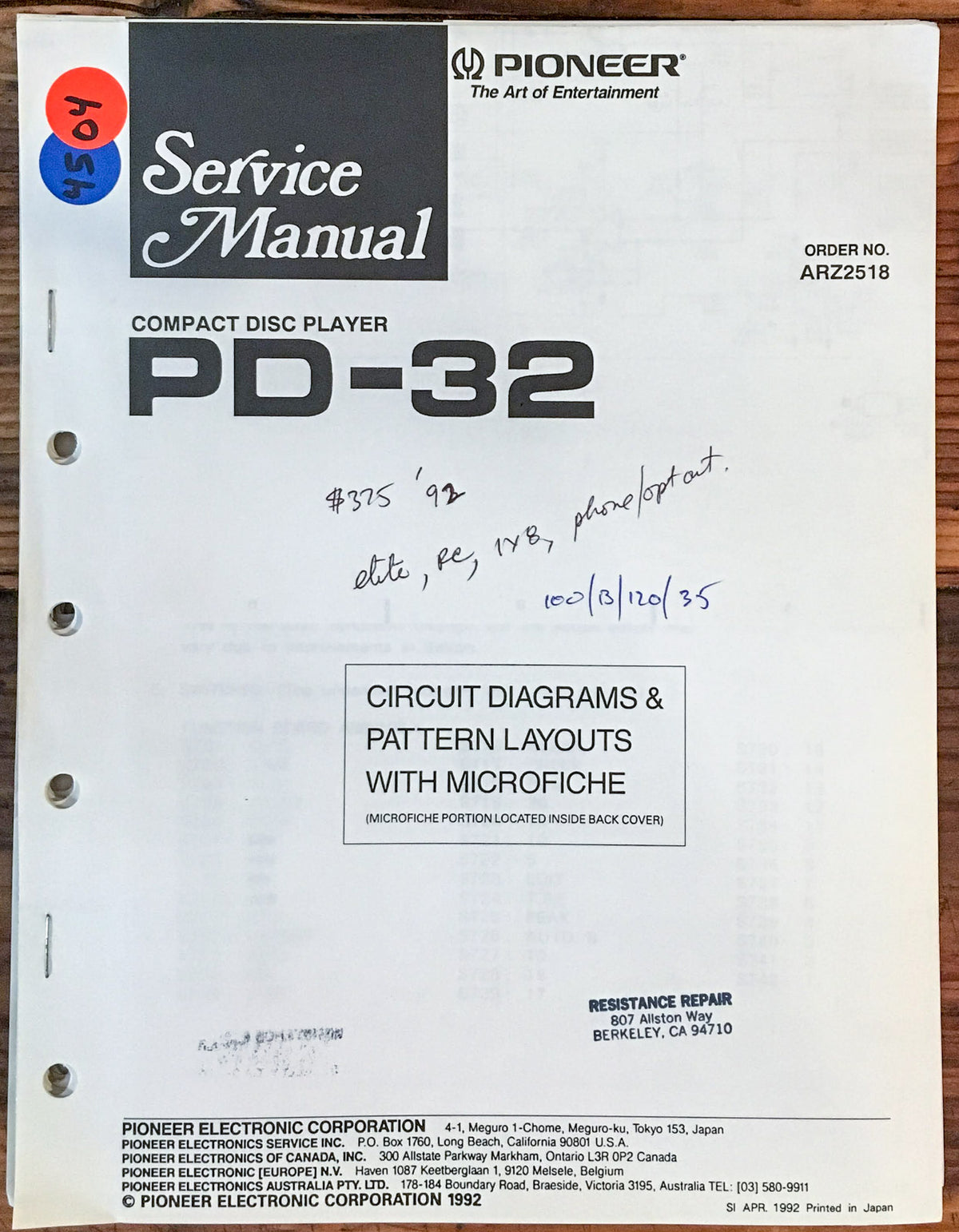 Pioneer PD-32 CD Player Service Manual *Original*