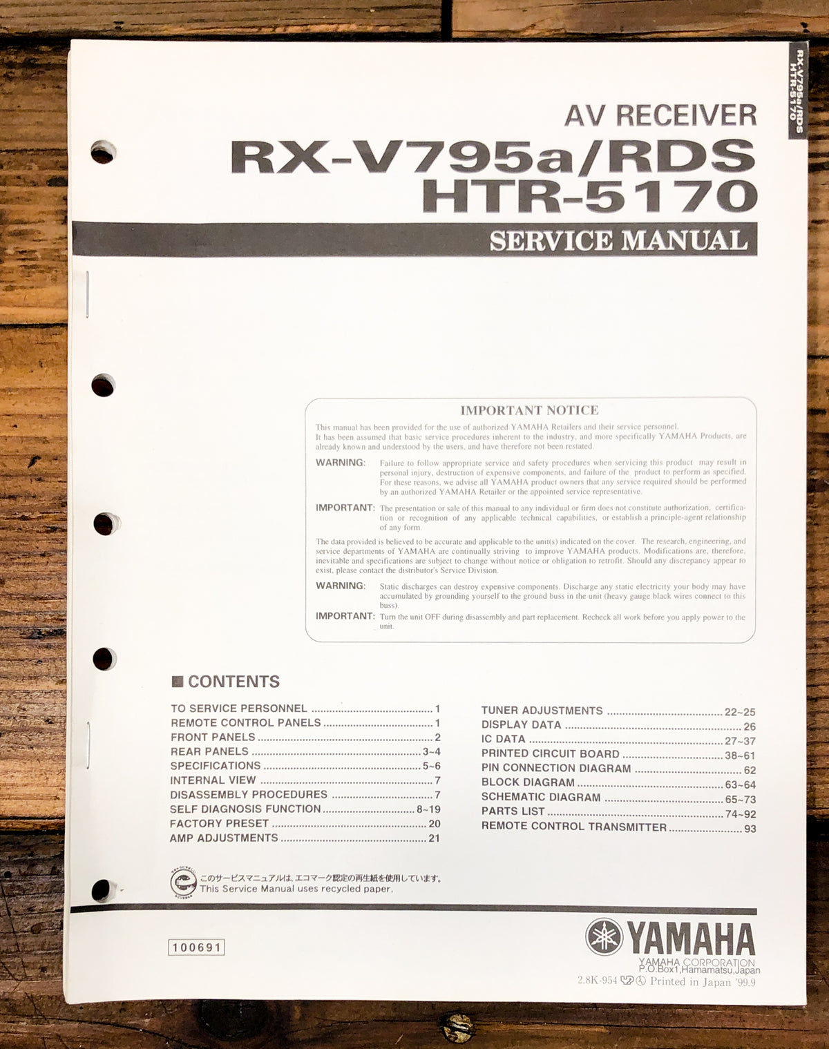 Yamaha RX-V795a HTR-5170 Receiver Service Manual *Original*