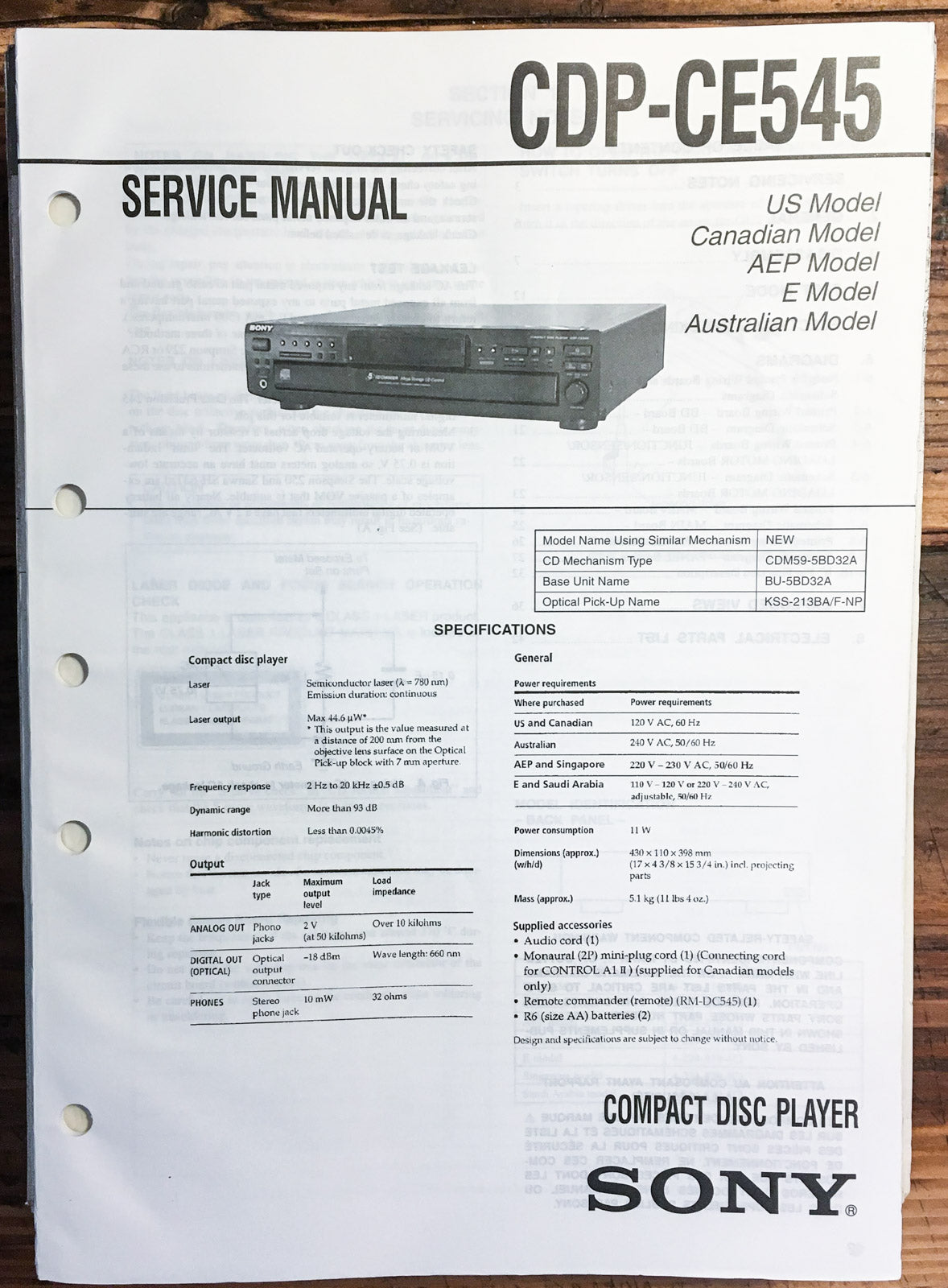 Sony CDP-CE545 CD Player Service Manual *Original*