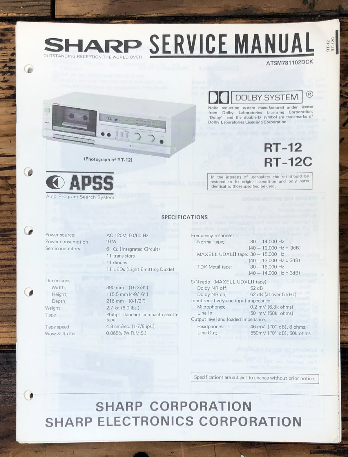 Sharp RT-12 RT-12C Cassette Service Manual *Original*