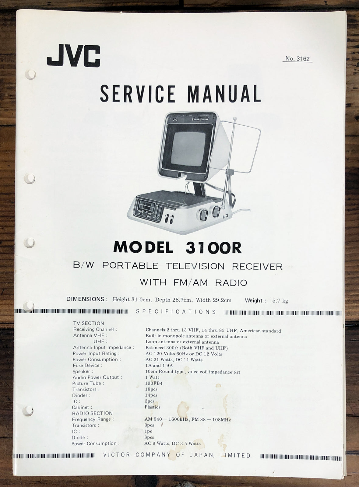 JVC Model 3100R Portable TV Service Manual *Original*