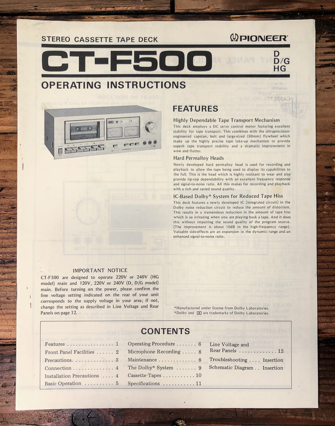 Pioneer CT-F500 Cassette Deck Owners / User Manual *Original*