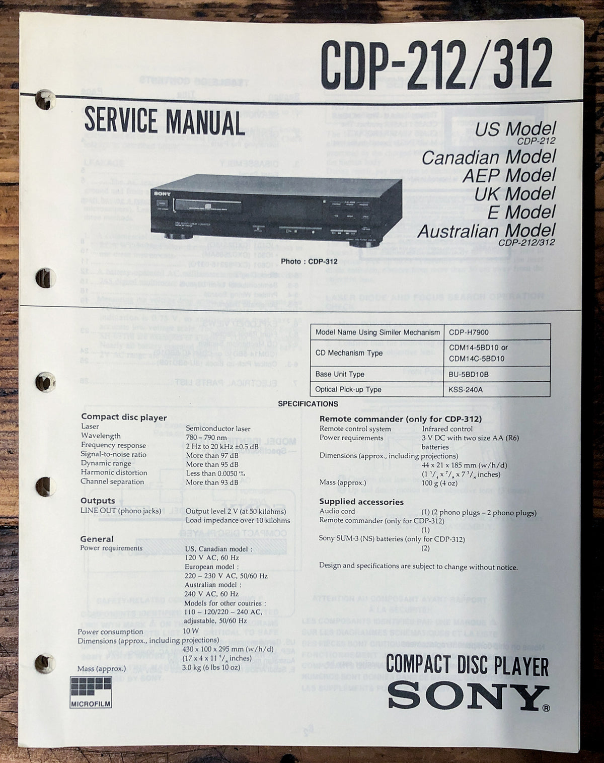Sony CDP-212 CDP-312 CD Player Service Manual *Original*