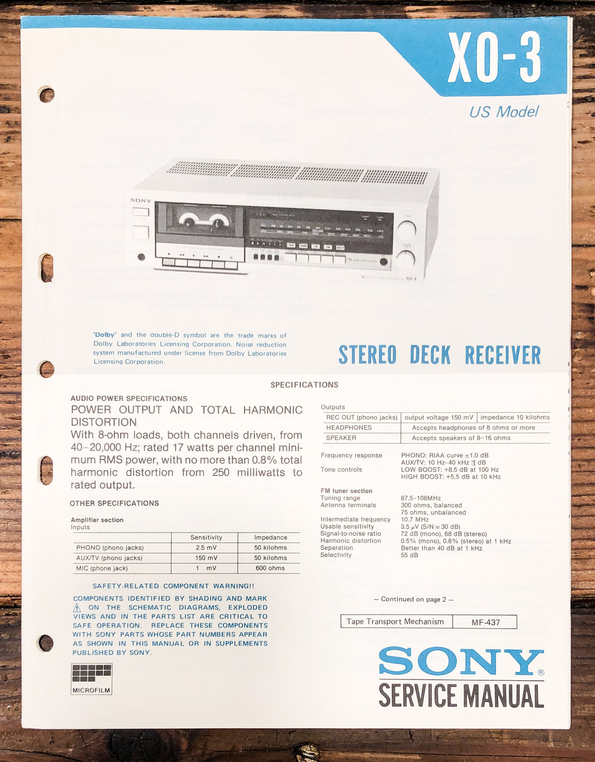 Sony XO-3 Cassette Receiver Service Manual *Original*