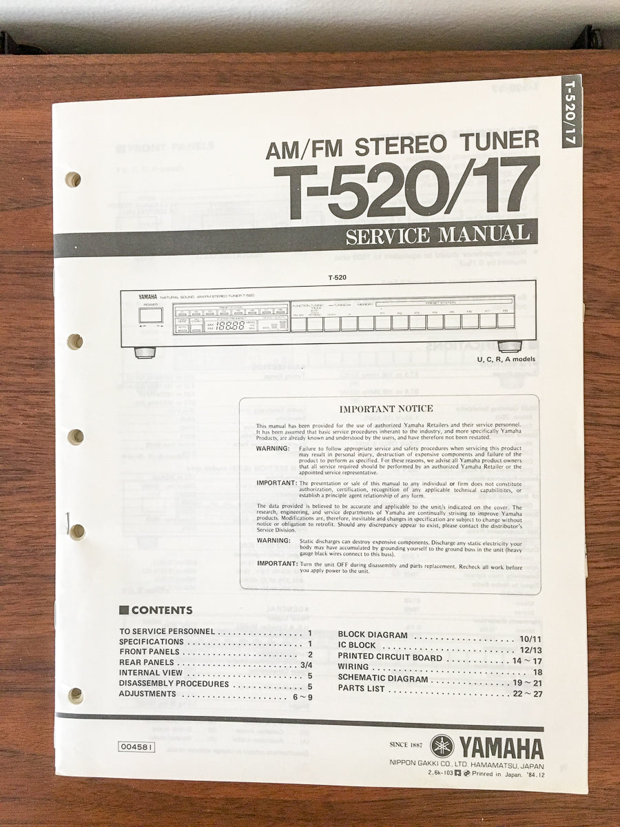 Yamaha T-520 T-17 Tuner Service Manual *Original*