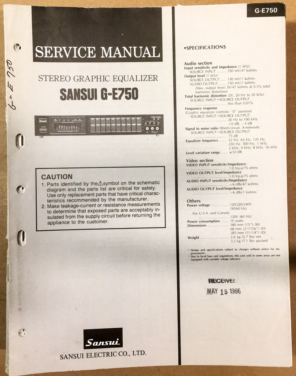 Sansui G-E750 Equalizer Service Manual *Original*