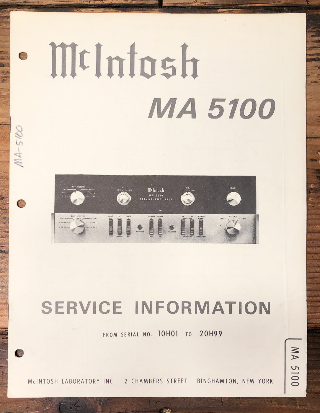 McIntosh MA5100 MA-5100 Amplifier 10H01 - 20H99Service Manual *Original*