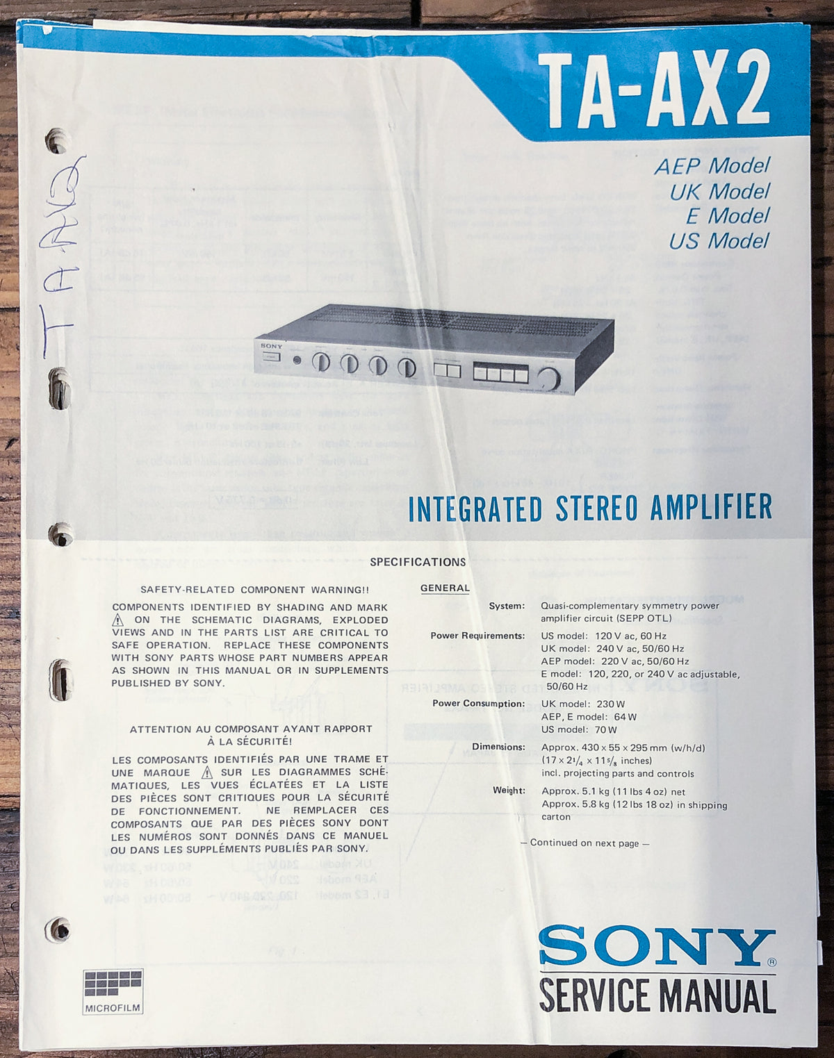 Sony TA-AX2 Amplifier Service Manual *Original*