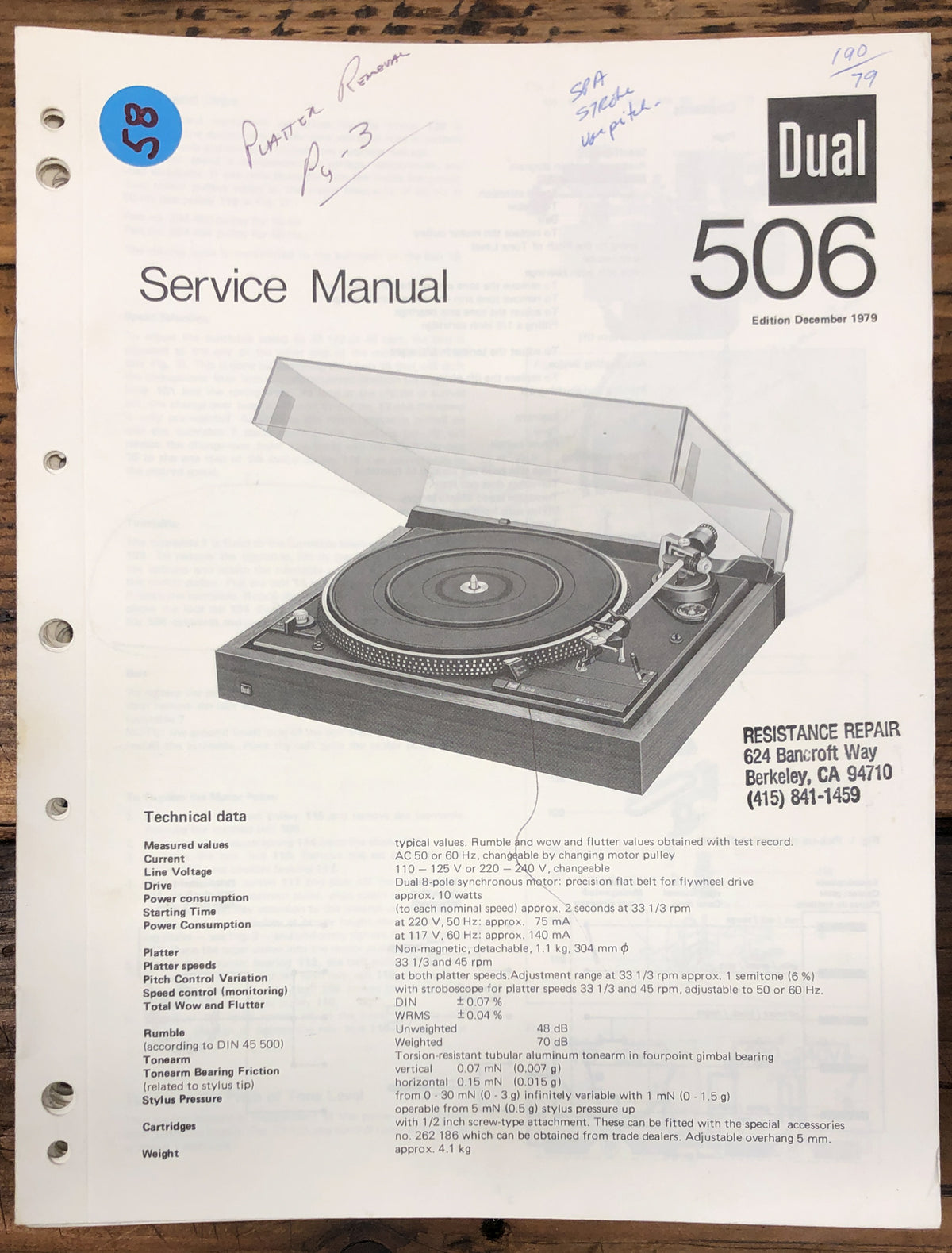 Dual Model 506 Record Player / Turntable Service Manual *Original*