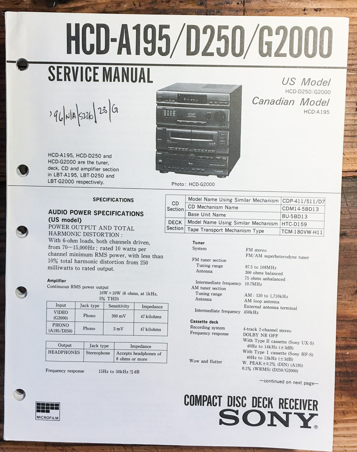 Sony HCD-A195 HCD-D250 HCD-G2000 Stereo Service Manual *Original*