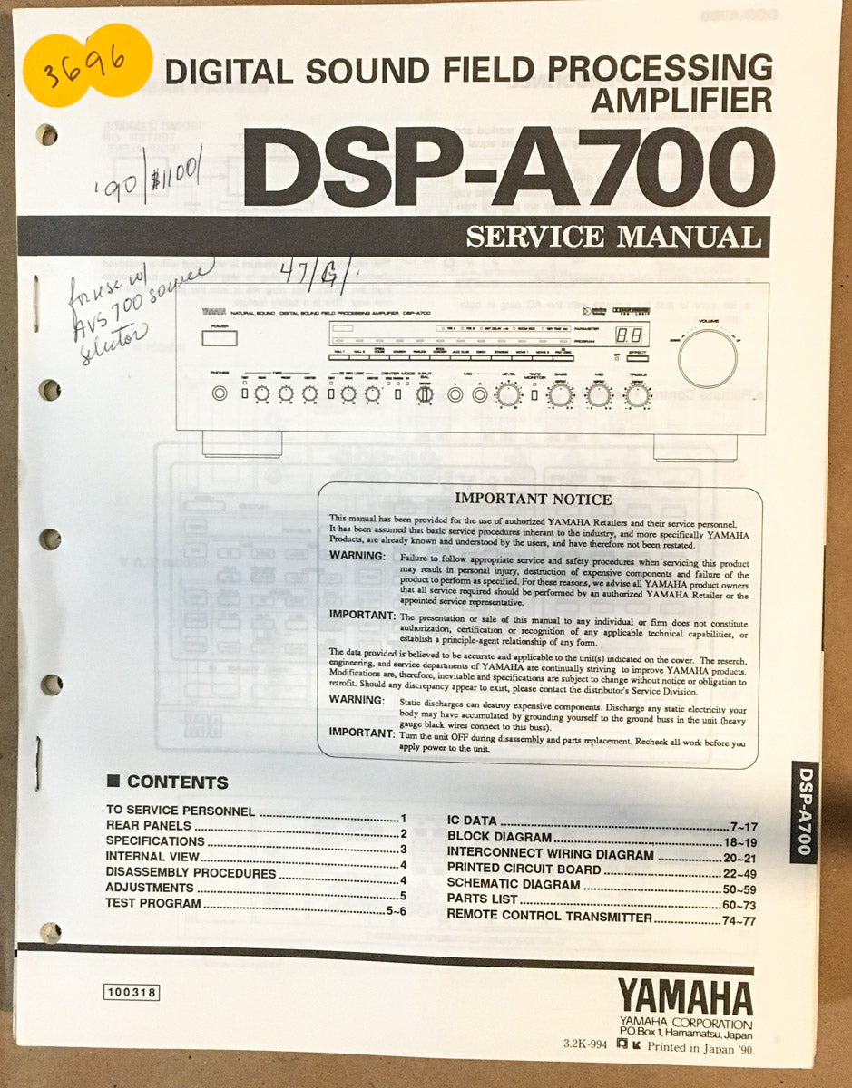 Yamaha DSP-A700 Amplifier Service Manual *Original*