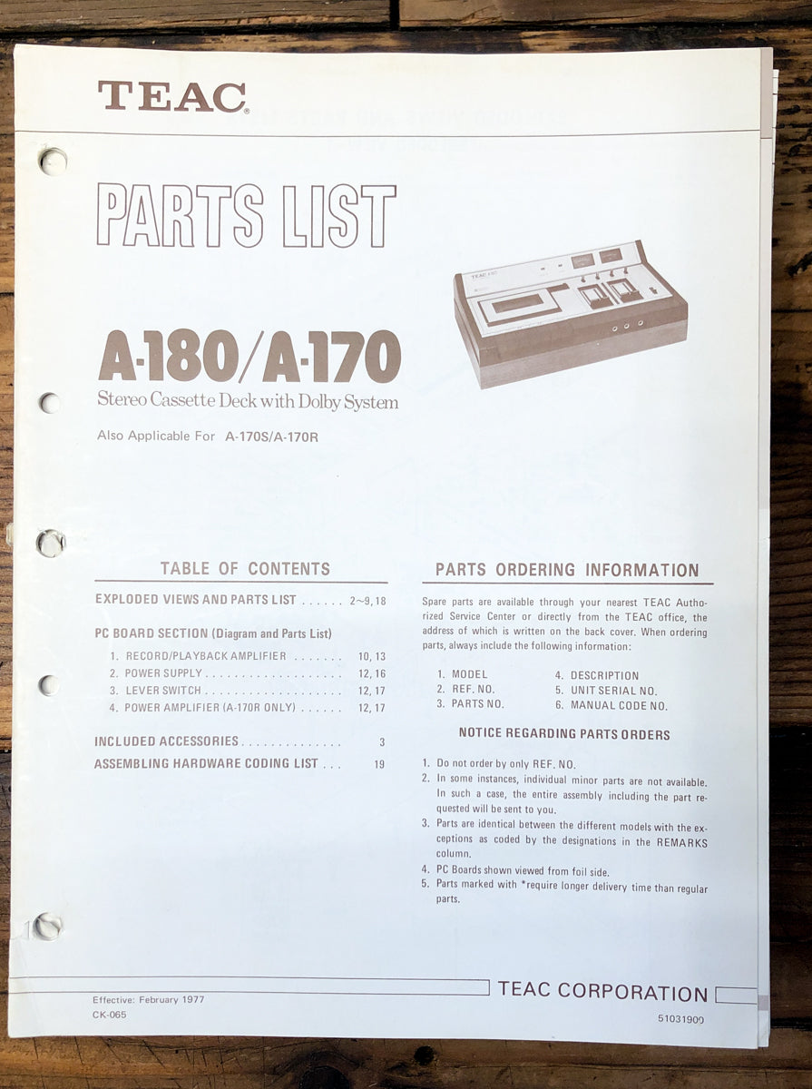 Teac A-170 A-180 Cassette Parts List Manual *Original*