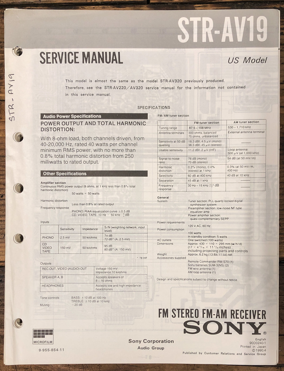 Sony STR-AV19 Receiver Service Manual *Original*
