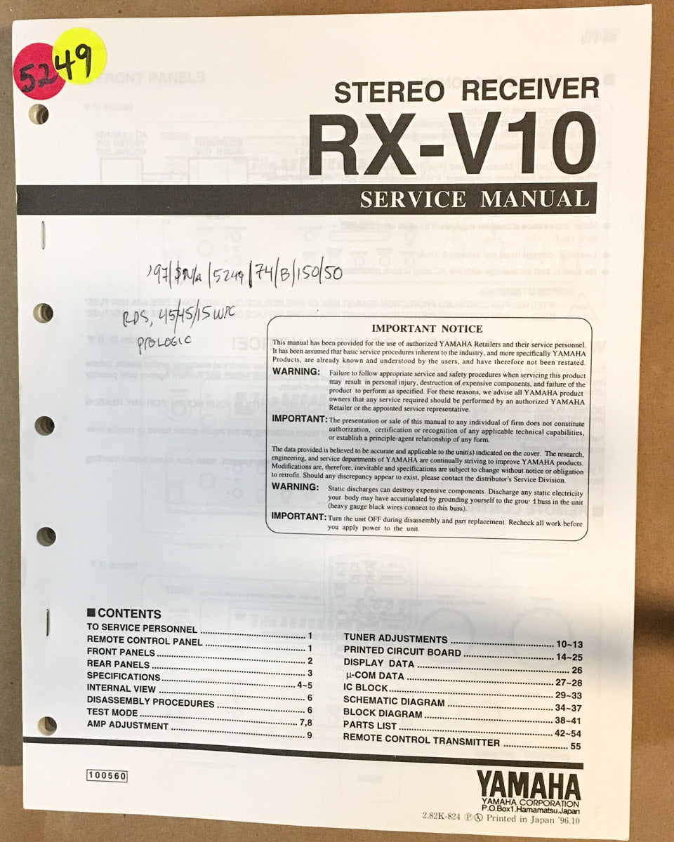 Yamaha RX-V10 Receiver Service Manual *Original*