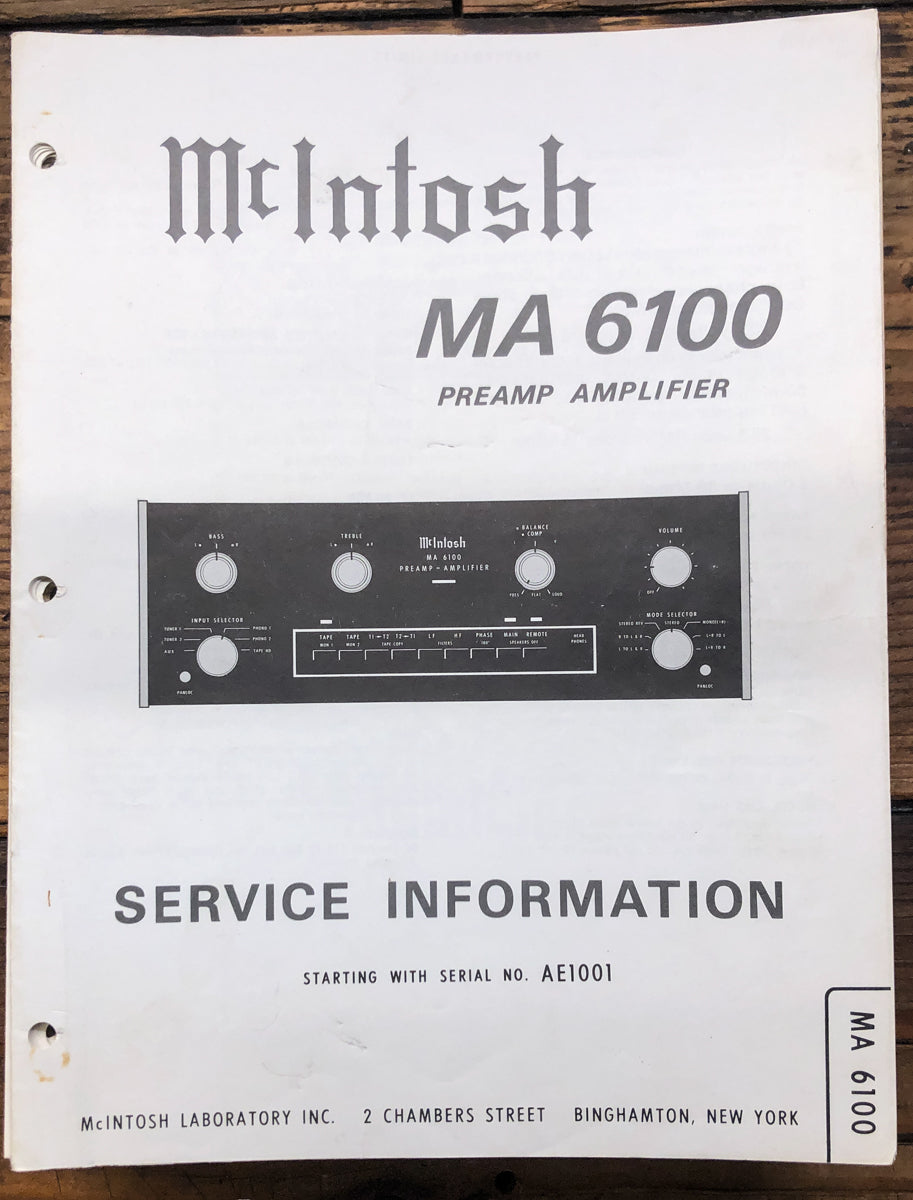 McIntosh MA-6100 MA6100 Amplifier Service Manual *Original*