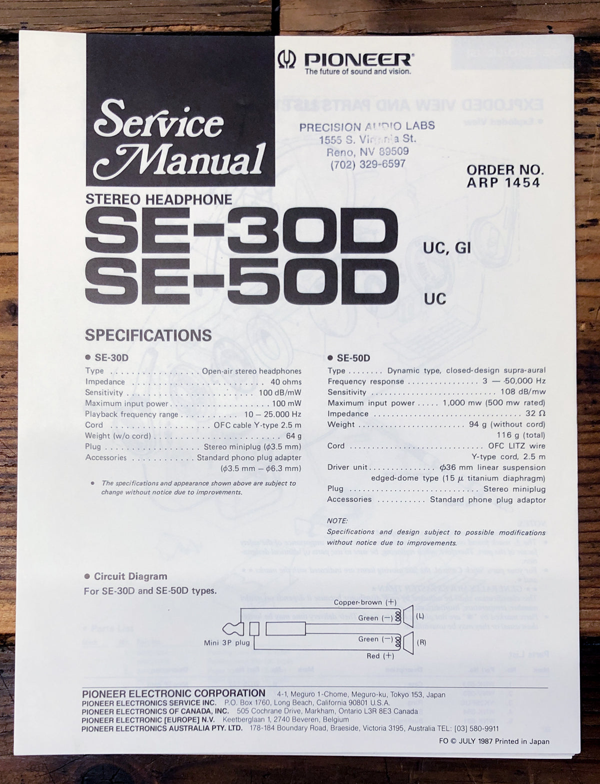 Pioneer SE-30D SE-50D Headphones Service Manual *Original*