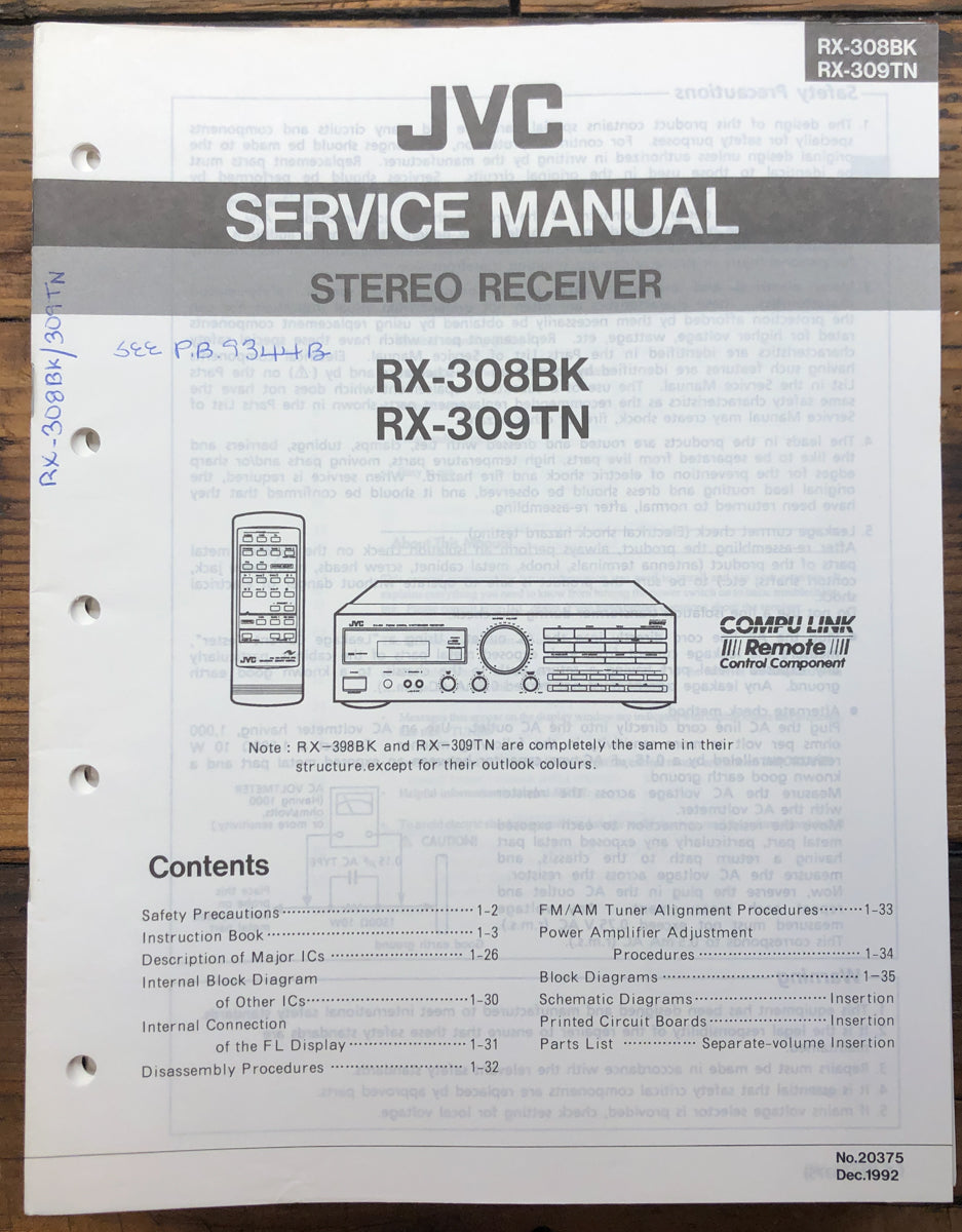 JVC RX-308 RX-309 TN BK Receiver Owner & Service Manual *Original*