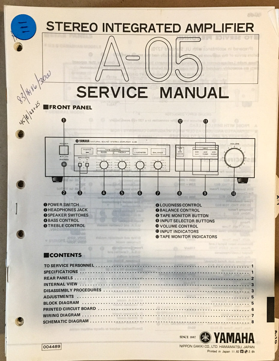 Yamaha A-05 Amplifier Service Manual *Original*