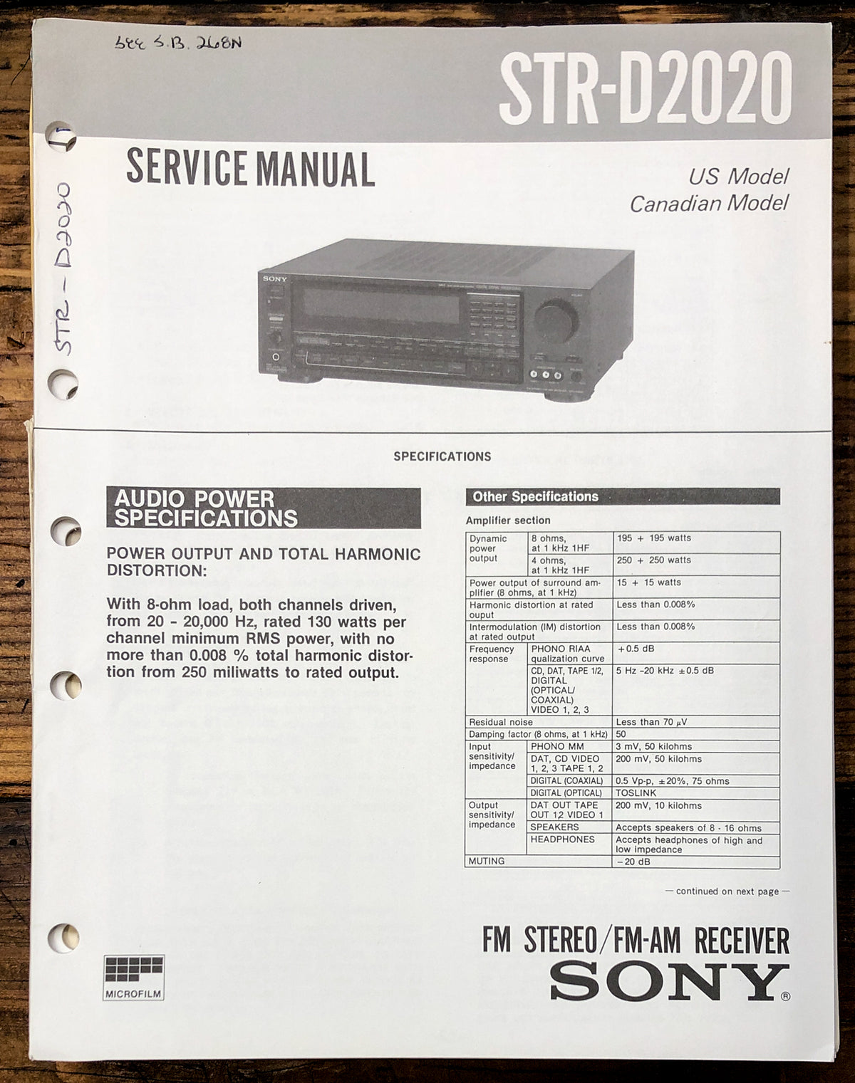 Sony STR-D2020 Receiver Service Manual *Original*