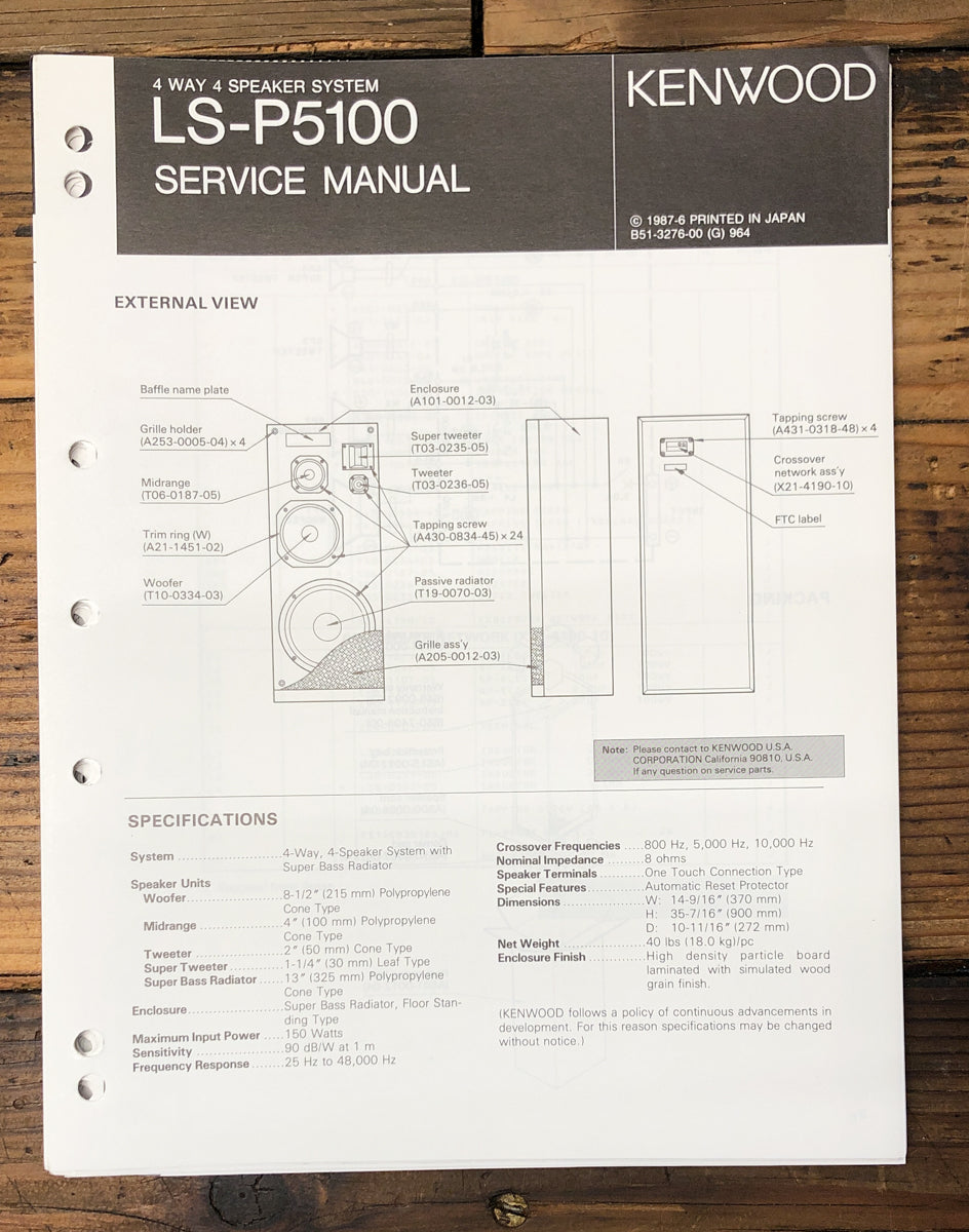 Kenwood LS-P5100 Speaker Service Manual *Original*