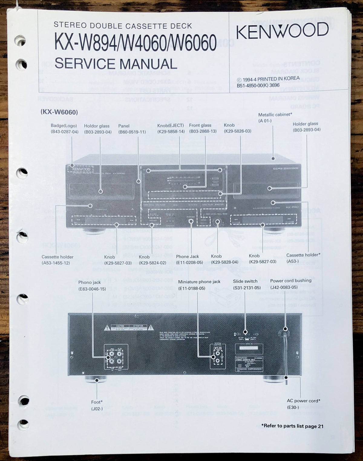 Kenwood KX-W894 -W4060 -W6060 Cassette Service Manual *Original*