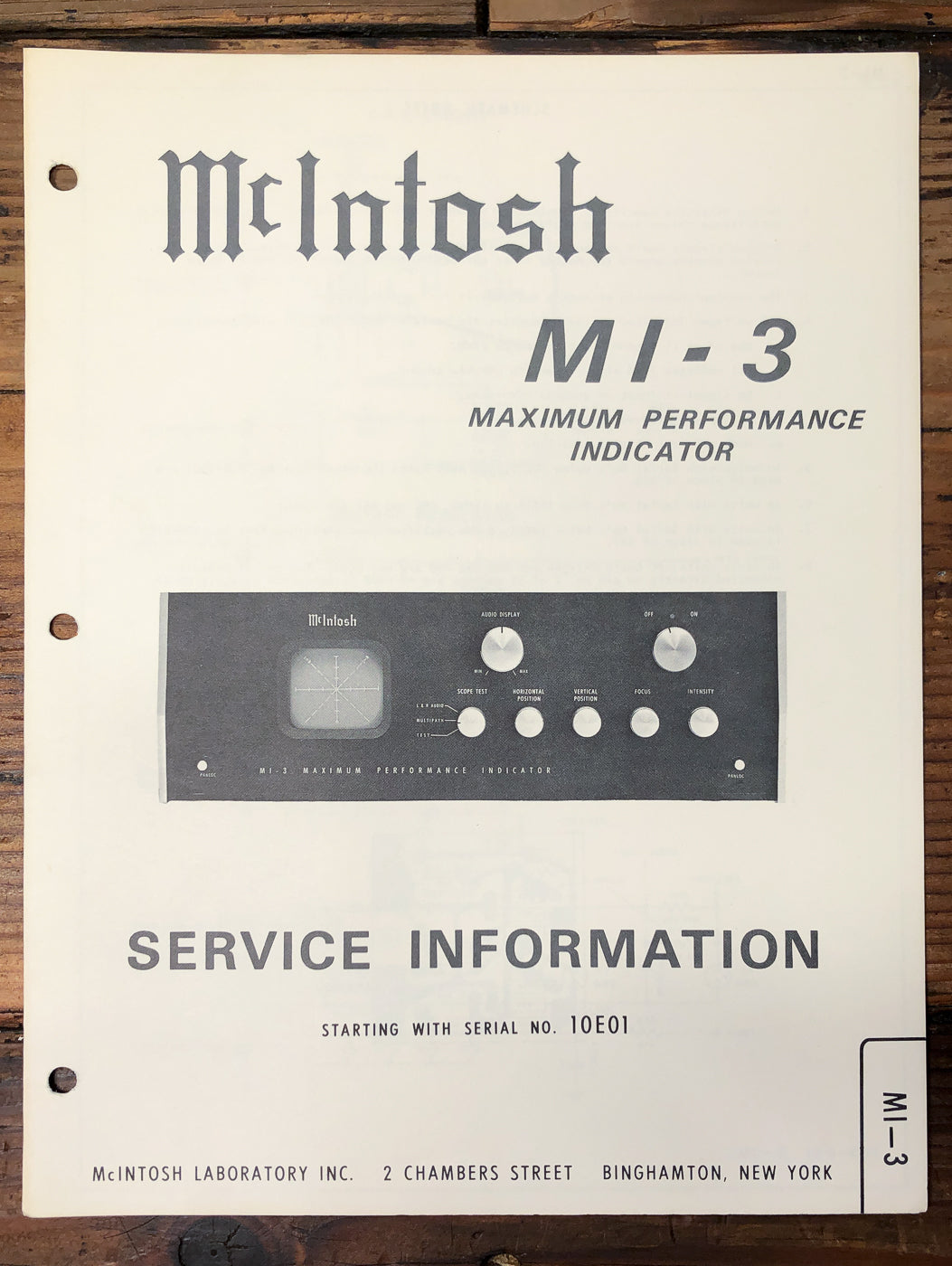 McIntosh Mi-3 Performance Indicator Service Manual *Original*