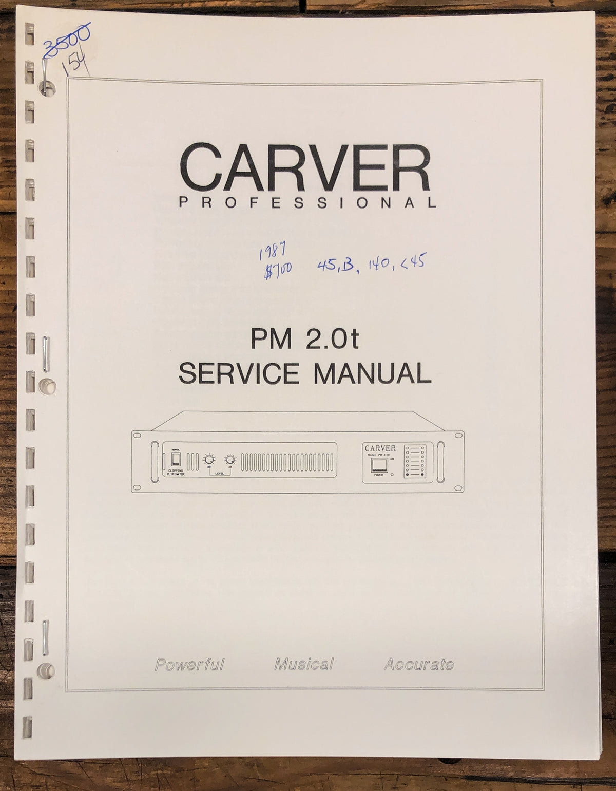 Carver PM 2.0T Amplifier Service Manual *Original*